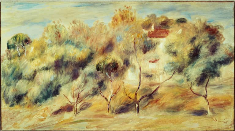 Gelb leuchtende Landschaft mit Bäumen und rotem Hausdach – Pierre-Auguste Renoir Cagnes Kunstkopie