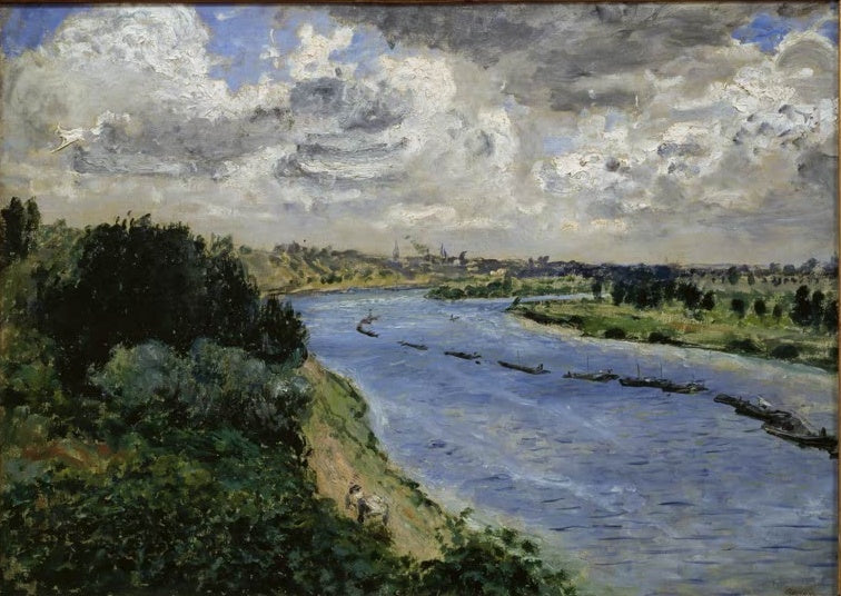 Fluss mit Lastkähnen zwischen grünen Ufern unter Wolkenhimmel – Pierre-Auguste Renoir Chalands sur la Seine Kunstkopie