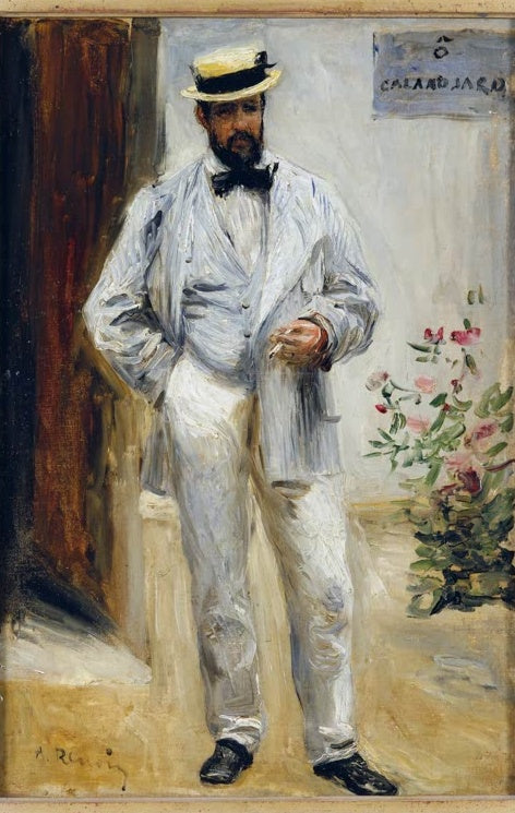 Mann im hellen Anzug und Strohhut steht an einer Tür neben Rosen – Pierre-Auguste Renoir Charles Le Coeur Kunstkopie