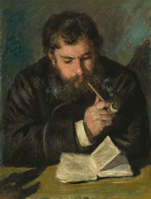 Mann mit Bart raucht Pfeife und liest in einem Buch – Pierre-Auguste Renoir Claude Monet Kunstkopie