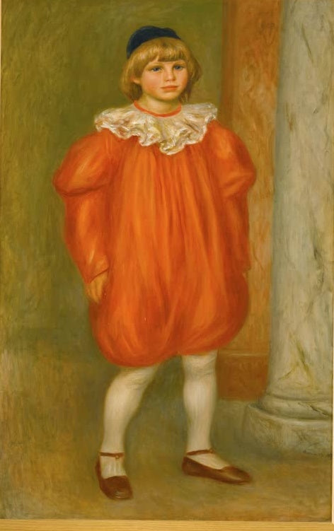 Junge im orangefarbenen Clownskostüm mit Halskrause – Pierre-Auguste Renoir Claude Renoir en clown Kunstkopie
