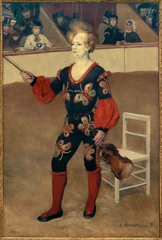 Clown in buntem Kostüm mit Peitsche in der Zirkusmanege – Pierre-Auguste Renoir Clown au cirque Kunstkopie