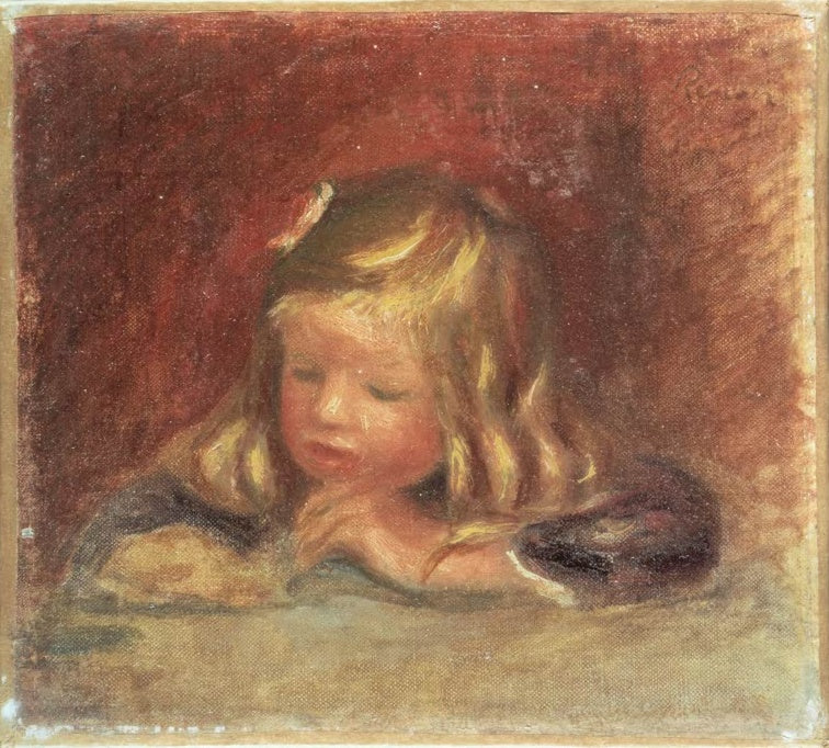 Blondes Kind stützt den Kopf auf den Arm am Tisch – Pierre-Auguste Renoir Coco a table Kunstkopie