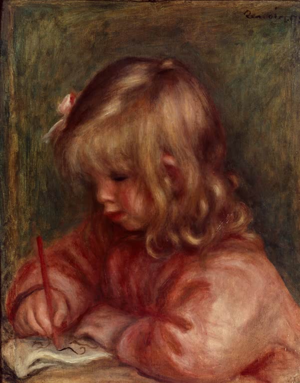 Kind mit blonden Locken schreibt in einem roten Kleid – Pierre-Auguste Renoir Coco écrivant Kunstkopie