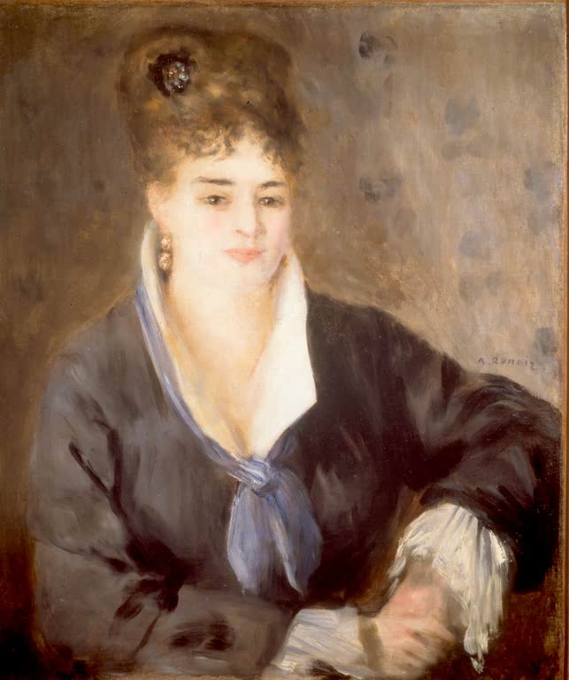 Frau in schwarzem Kleid mit blauem Halstuch, den Arm aufgestützt – Pierre-Auguste Renoir Dame in Schwarz Kunstkopie