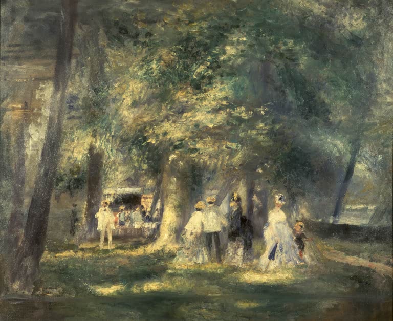 Spaziergänger in hellen Kleidern im lichtdurchfluteten Park – Pierre-Auguste Renoir Dans le parc de Saint-Cloud Kunstkopie