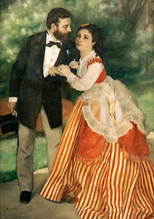 Mann und Frau im Garten, sie im rot-gelb gestreiften Kleid – Pierre-Auguste Renoir Das Ehepaar Sisley Kunstkopie