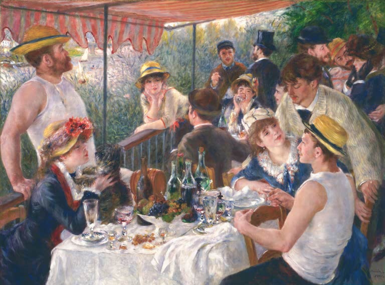 Gesellschaft am Tisch unter rotem Sonnensegel – Pierre-Auguste Renoir Das Frühstück der Ruderer Kunstkopie