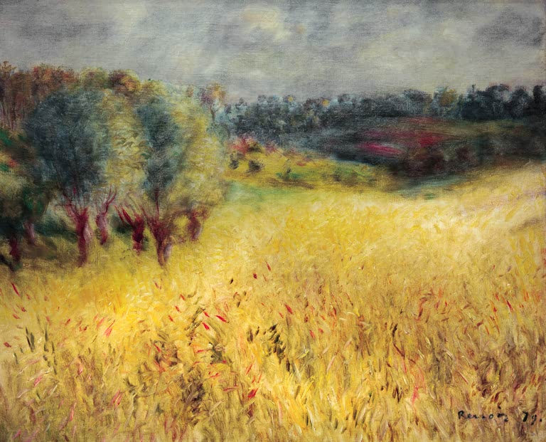 Goldgelbes Kornfeld mit Bäumen unter bewölktem Himmel – Pierre-Auguste Renoir Das Kornfeld Kunstkopie