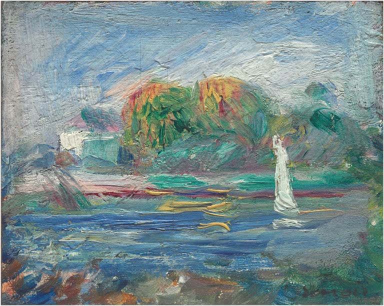 Fluss mit kleinem Segelboot vor bunter Uferlandschaft – Pierre-Auguste Renoir Der blaue Fluss Kunstkopie