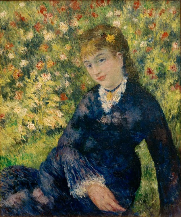Junge Frau in dunkelblauem Kleid sitzt in blühendem Garten – Pierre-Auguste Renoir Der Sommer Kunstkopie