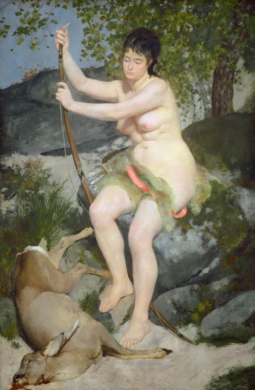 Weiblicher Akt mit Bogen sitzt auf Felsen, am Boden ein erlegtes Reh – Pierre-Auguste Renoir Diana Kunstkopie