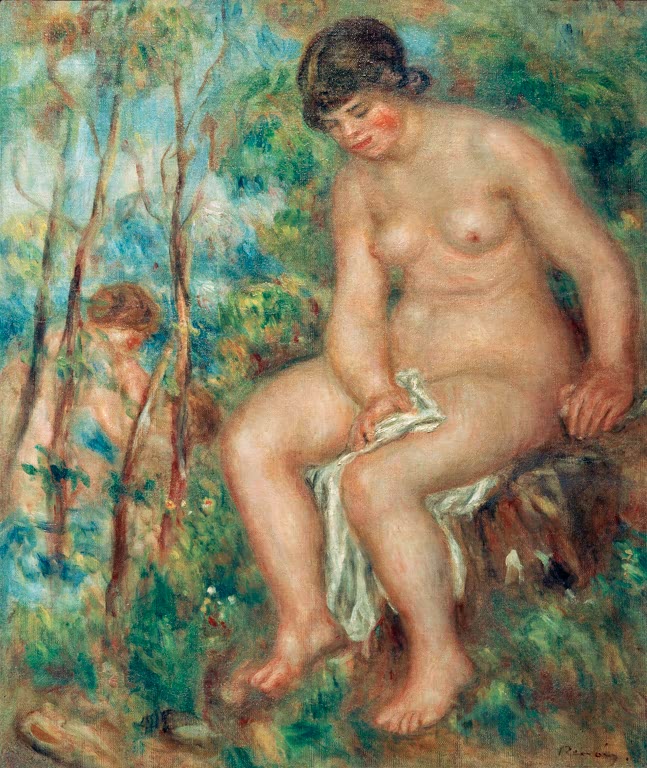 Sitzender weiblicher Akt mit Tuch zwischen schlanken Bäumen – Pierre-Auguste Renoir Die Badende Kunstkopie