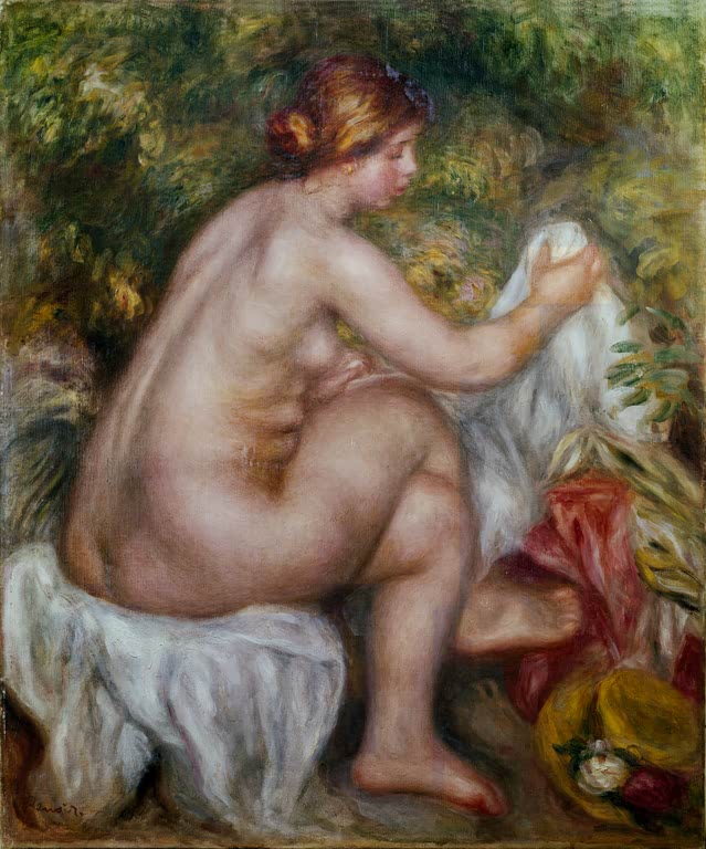 Sitzender Akt von hinten mit weißem Tuch im Grünen – Pierre-Auguste Renoir Die Badende Kunstkopie