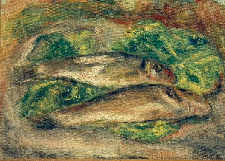 Zwei Fische auf grünen Salatblättern – Pierre-Auguste Renoir Die Fische Kunstkopie