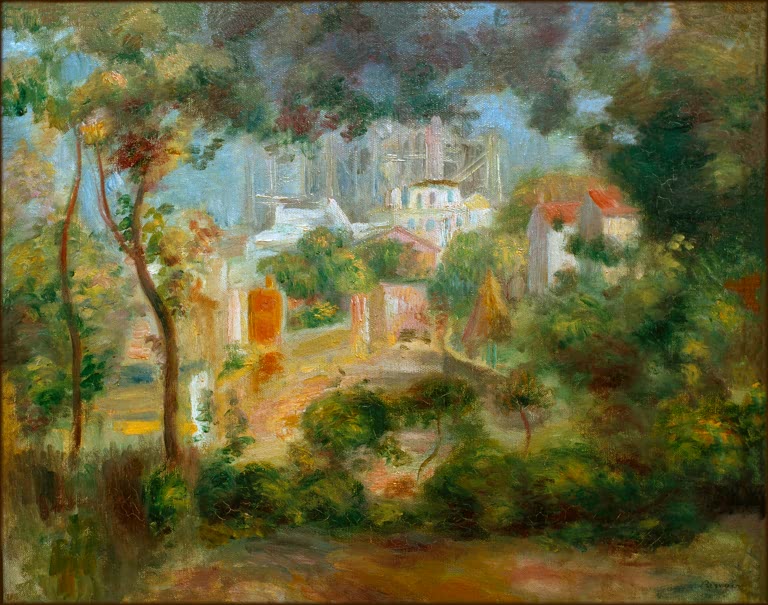 Gärten mit Bäumen und Häusern, dahinter ein Kirchbau – Pierre-Auguste Renoir Die Gärten von Montmartre Kunstkopie