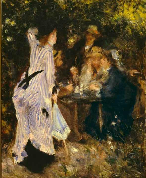 Pierre-Auguste Renoir Die Gartenlaube im Moulin de la Galette Kunstkopie, Frau im gestreiften Kleid nähert sich Tischrunde