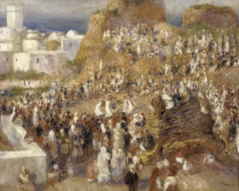 Dichtes Menschengewimmel vor weißen Bauten und Felsen in Algier – Pierre-Auguste Renoir Die Moschee Kunstkopie