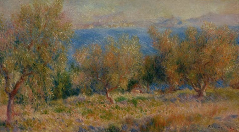 Olivenbäume auf einer Anhöhe mit Blick auf das blaue Meer – Pierre-Auguste Renoir Die Olivenbäume Kunstkopie