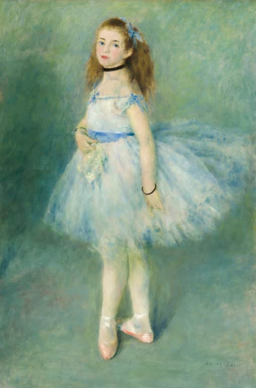 Mädchen im hellblauen Tutu steht vor grünlichem Grund – Pierre-Auguste Renoir Die Tänzerin Kunstkopie