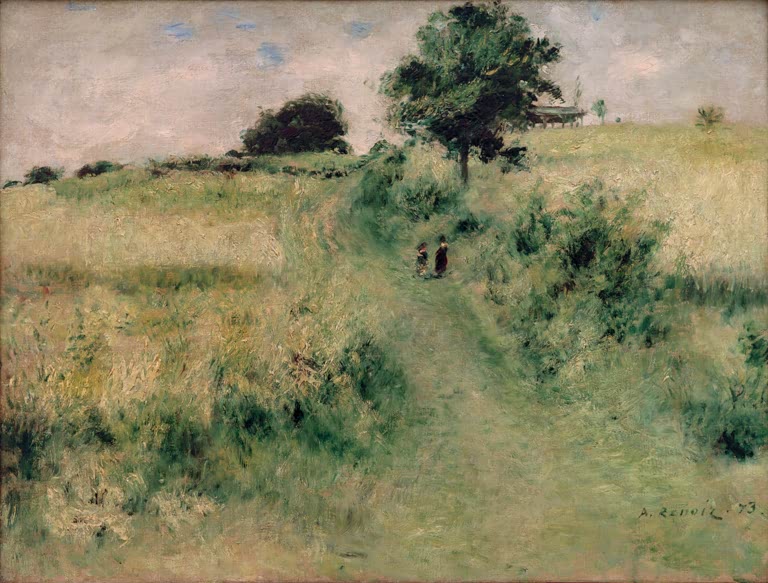 Grüne Hügellandschaft mit Weg und Baum – Pierre-Auguste Renoir Die Tränke Kunstkopie