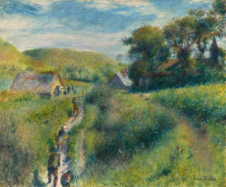 Weinleser auf einem Pfad durch grüne Hügellandschaft – Pierre-Auguste Renoir Die Weinleser Kunstkopie