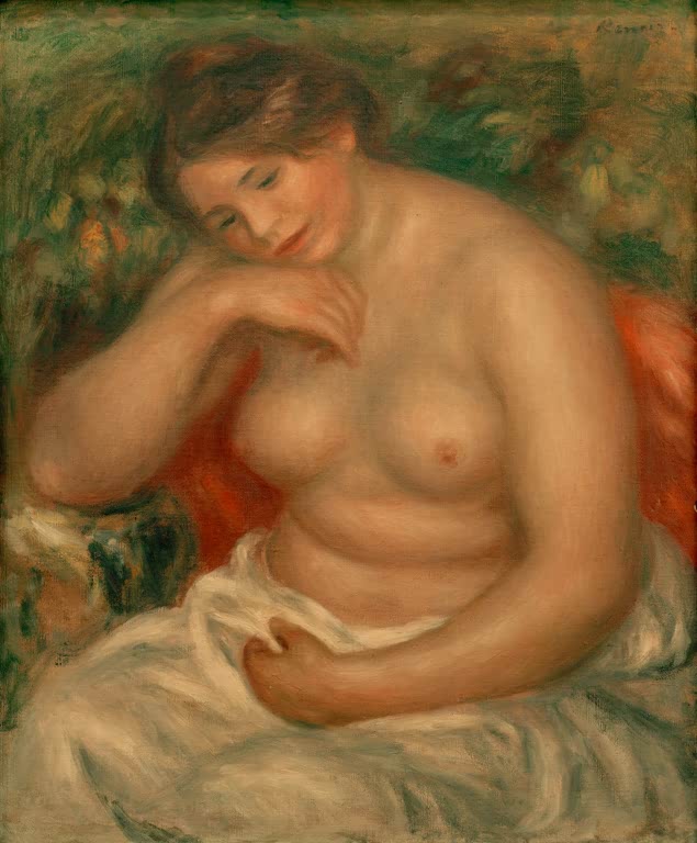 Nackte Frau stützt den Kopf auf die Hand, weißes Tuch im Schoß – Pierre-Auguste Renoir Dormeuse (Grand nu) Kunstkopie