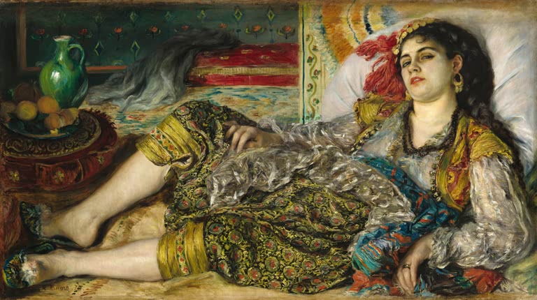 Liegende Frau in orientalischer Tracht auf Kissen vor Feuerstelle – Pierre-Auguste Renoir Eine Frau aus Algier Kunstkopie