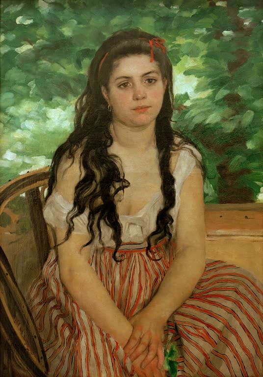 Junge Frau mit langem dunklem Haar in gestreiftem Rock im Freien – Pierre-Auguste Renoir En été, étude Kunstkopie