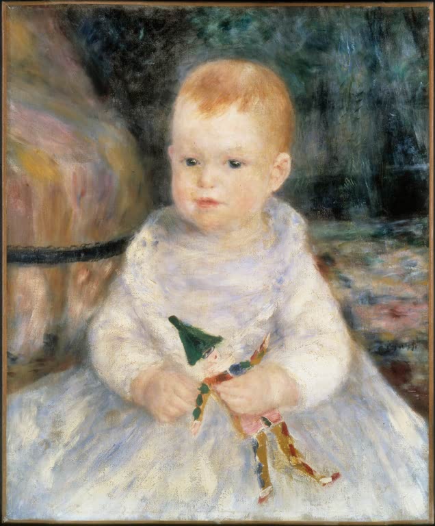 Kleinkind in weißem Kleid hält eine kleine Puppe in den Händen – Pierre-Auguste Renoir Enfant au polichinelle Kunstkopie