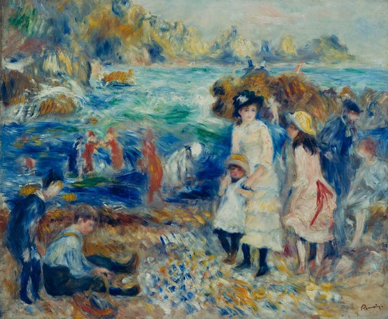 Frauen und Kinder am felsigen Meeresstrand mit Wellen – Pierre-Auguste Renoir Enfants au bord de la mer à Guernsey Kunstkopie