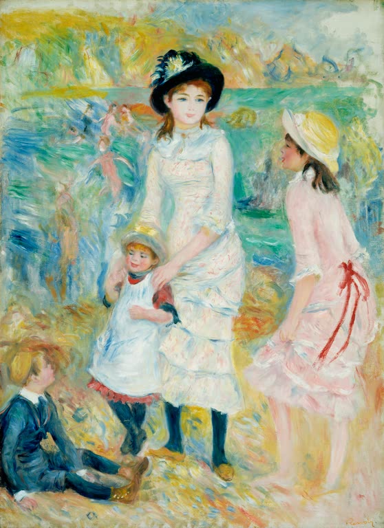 Mädchen und Kleinkind am Strand, links ein Junge – Pierre-Auguste Renoir Enfants au bord de la mer à Guernsey Kunstkopie