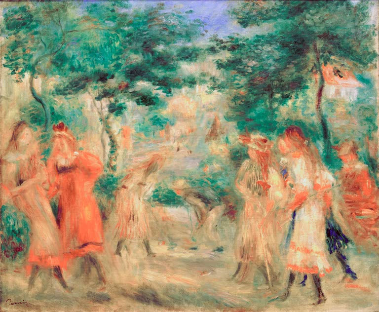 Kinder in roten Kleidern spielen unter Bäumen – Pierre-Auguste Renoir Enfants dans le jardin de Montmartre Kunstkopie