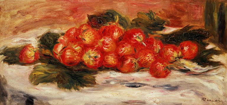 Haufen roter Erdbeeren mit Blättern auf weißem Tuch – Pierre-Auguste Renoir Erdbeeren Kunstkopie