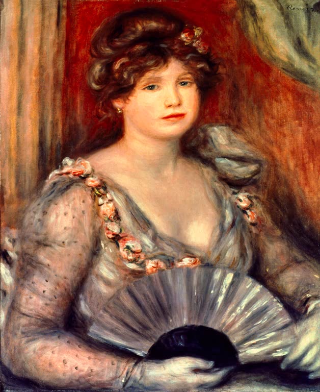 Frau mit Fächer in gemustertem Kleid vor rotem Vorhang – Pierre-Auguste Renoir Femme à éventail Kunstkopie