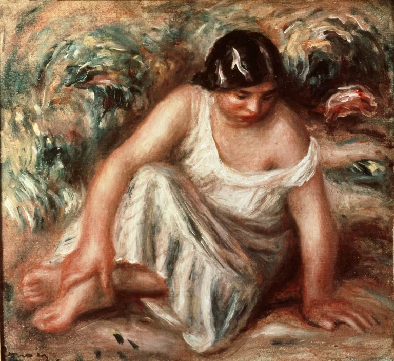 Kauernde junge Frau in weißem Kleid stützt sich auf der Wiese ab – Pierre-Auguste Renoir Femme accroupie Kunstkopie