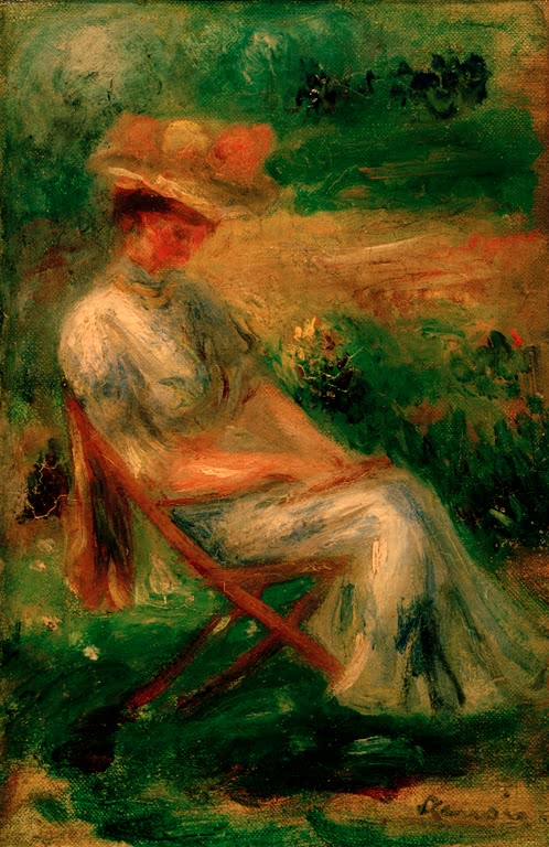 Sitzende Frau mit Hut im Klappstuhl vor grünem Garten – Pierre-Auguste Renoir Femme assise dan un jardin Kunstkopie