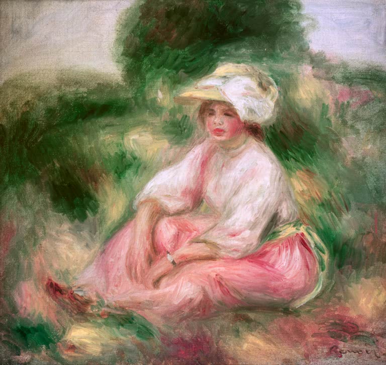 Junge Frau mit weißem Hut in rosa Kleid sitzt im Grünen – Pierre-Auguste Renoir Femme assise Kunstkopie