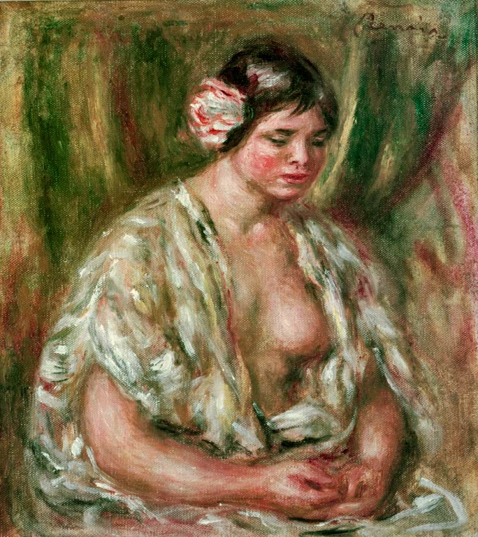 Frau mit Blume im Haar und gemustertem Schal – Pierre-Auguste Renoir Femme assise (Gabrielle) Kunstkopie