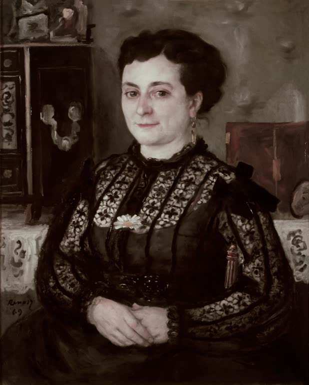 Dame in schwarzer Spitzenbluse vor einem Schrank – Pierre-Auguste Renoir Femme au corsage de Chantilly Kunstkopie