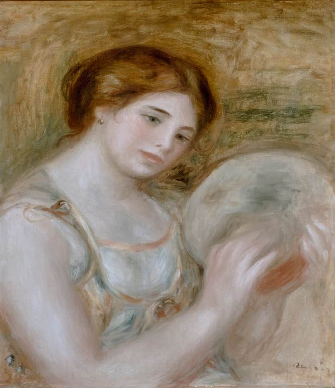 Junge Frau mit Tamburin senkt den Blick – Pierre-Auguste Renoir Femme au tambourin Kunstkopie