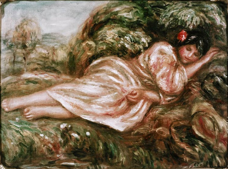 Schlafende Frau in rosa Kleid liegt im Grünen – Pierre-Auguste Renoir Femme couchée Kunstkopie