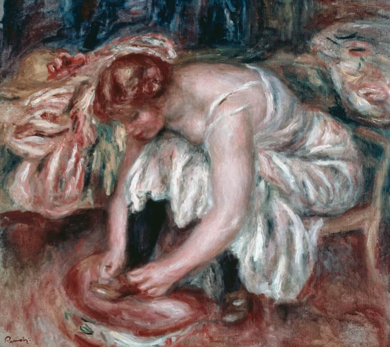 Frau in weißem Kleid beugt sich über eine Waschschüssel – Pierre-Auguste Renoir Femme faisant sa toilette Kunstkopie