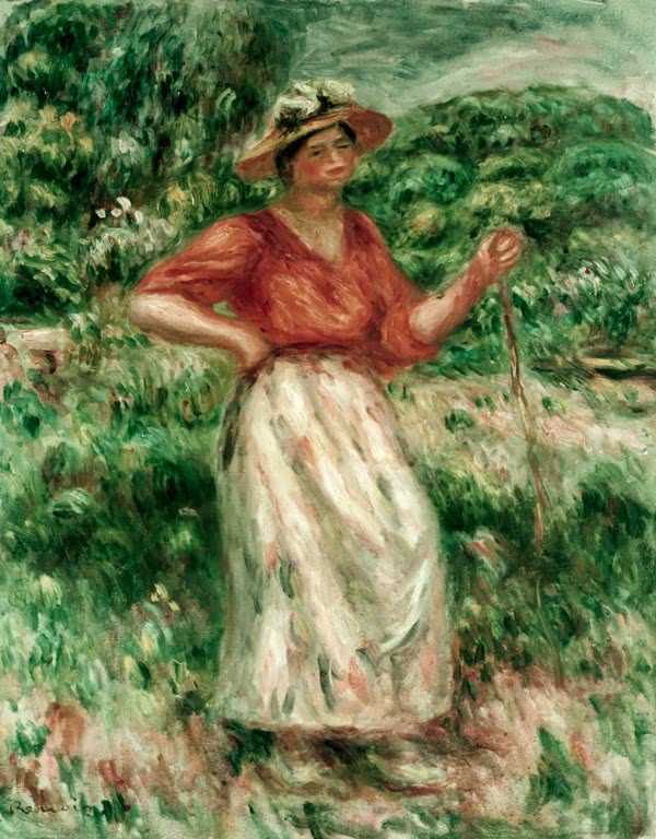 Frau in roter Bluse und weißem Rock geht mit Stock durch hohes Gras – Pierre-Auguste Renoir Femme marchant Kunstkopie