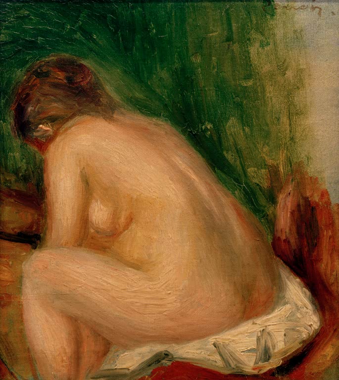 Sitzender weiblicher Akt von hinten, auf rotem Stoff – Pierre-Auguste Renoir Femme nue assise Kunstkopie