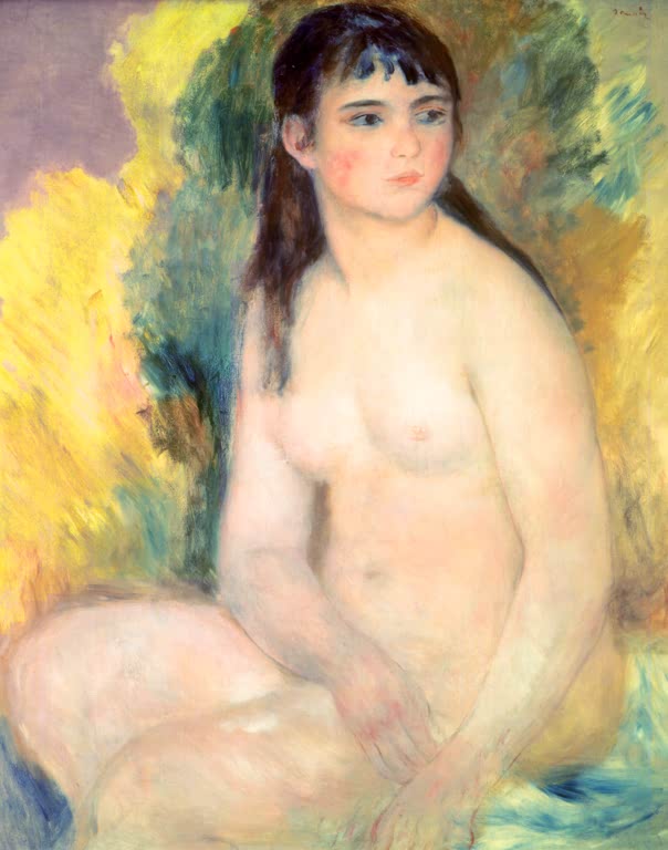 Sitzender weiblicher Akt mit langem dunklem Haar vor gelbem Grund – Pierre-Auguste Renoir Femme nue assise Kunstkopie