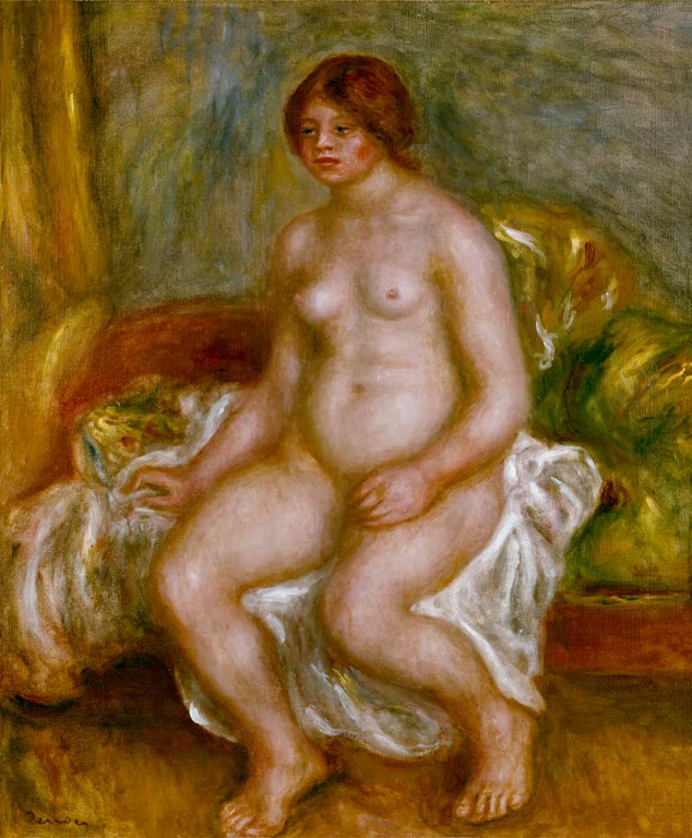 Sitzender weiblicher Akt auf grünen Kissen – Pierre-Auguste Renoir Femme nue aux coussins verts Kunstkopie