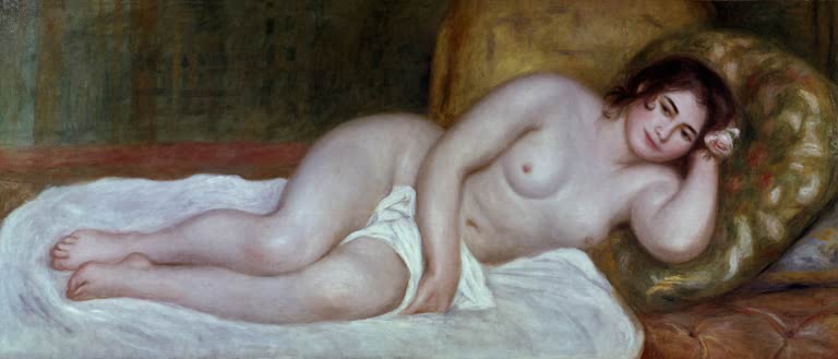 Liegender weiblicher Akt auf weißem Tuch – Pierre-Auguste Renoir Femme nue couchée Kunstkopie