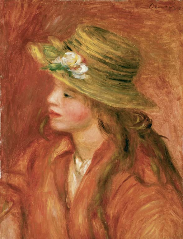 Mädchen mit Strohhut und Blumen im Profil vor rotem Grund – Pierre-Auguste Renoir Fillette au chapeau de paille Kunstkopie