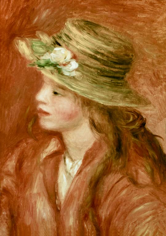Mädchen mit Strohhut und Blumen im Profil – Pierre-Auguste Renoir Fillette au chapeau de paille Kunstkopie